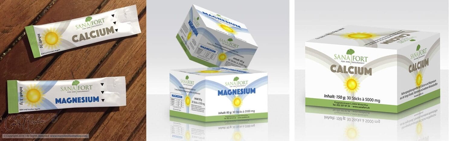 Composite packaging presentation designed by Ian David Marsden showing Sanafort Calcium and Magnesium stick sachets, Magnesium folding box and Calcium folding box within one coordinated supplement packaging system.