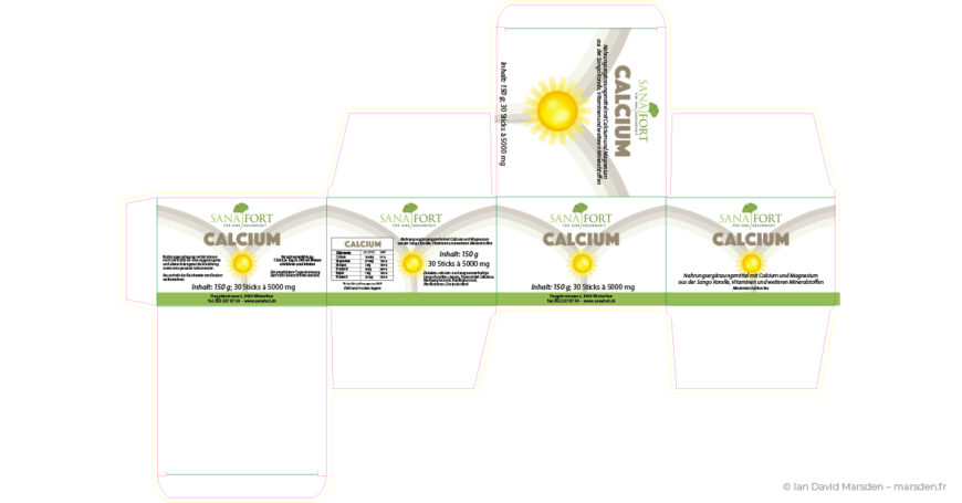 Print-ready folding box dieline for Sanafort Calcium stick packaging designed by Ian David Marsden, showing all visible panels, regulatory text areas, ingredient table and production cut and fold guides.