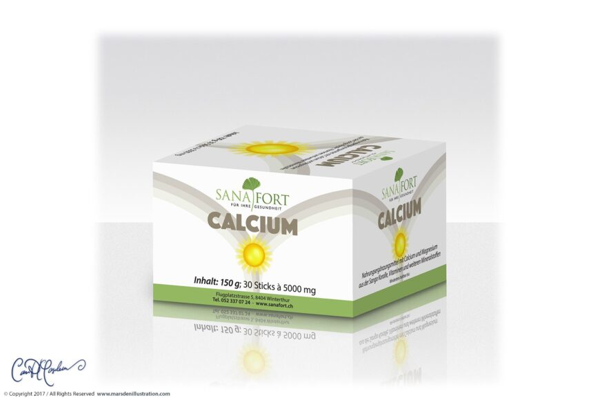Three-quarter product render of a Sanafort Calcium supplement folding box designed by Ian David Marsden, showing the front and side panels of the 30-stick packaging format.