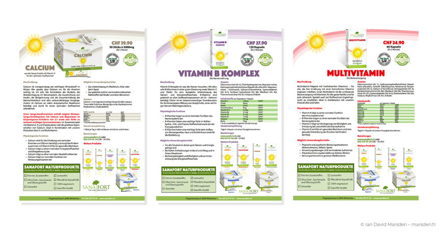 Three Sanafort supplement flyers designed by Ian David Marsden for Calcium, Vitamin B Komplex and Multivitamin products, each using a product-specific color system, ingredient tables and branded packaging visuals.