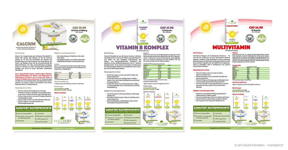 Three Sanafort supplement flyers designed by Ian David Marsden for Calcium, Vitamin B Komplex and Multivitamin products, each using a product-specific color system, ingredient tables and branded packaging visuals.