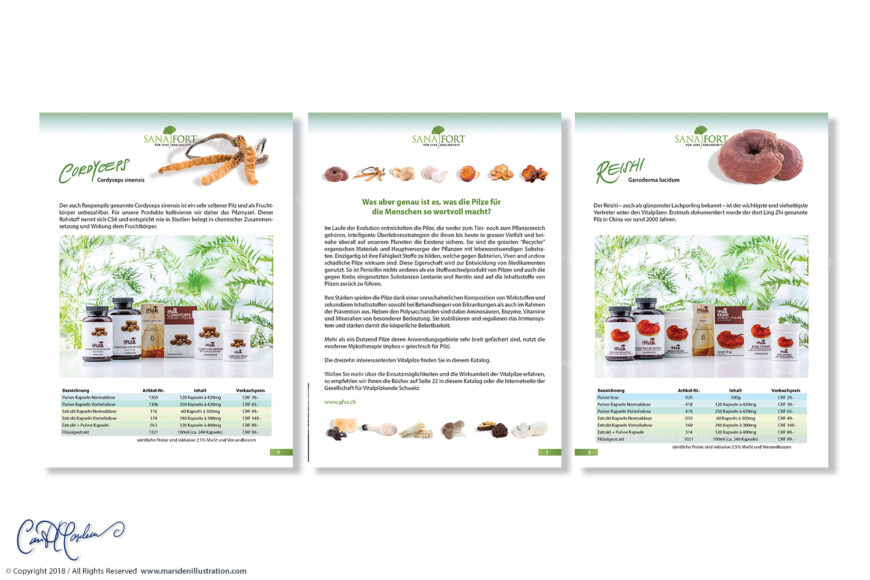 Three Sanafort brochure pages designed by Ian David Marsden, featuring Cordyceps and Reishi medicinal mushroom products with central explanatory copy, ingredient imagery and product tables.