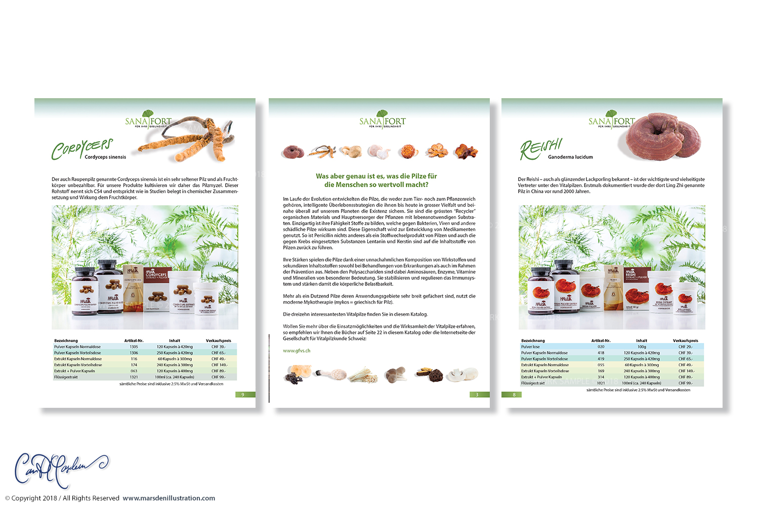 Three Sanafort brochure pages designed by Ian David Marsden, featuring Cordyceps and Reishi medicinal mushroom products with central explanatory copy, ingredient imagery and product tables.