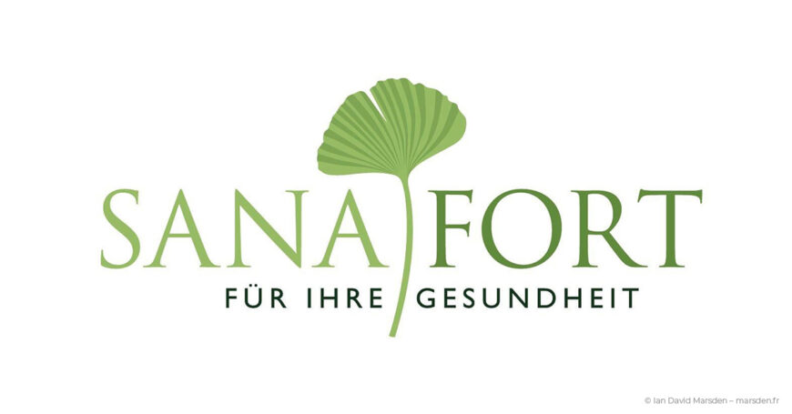 Sanafort corporate logo designed by Ian David Marsden, featuring a refined green wordmark, central ginkgo leaf symbol and the German line Für Ihre Gesundheit.