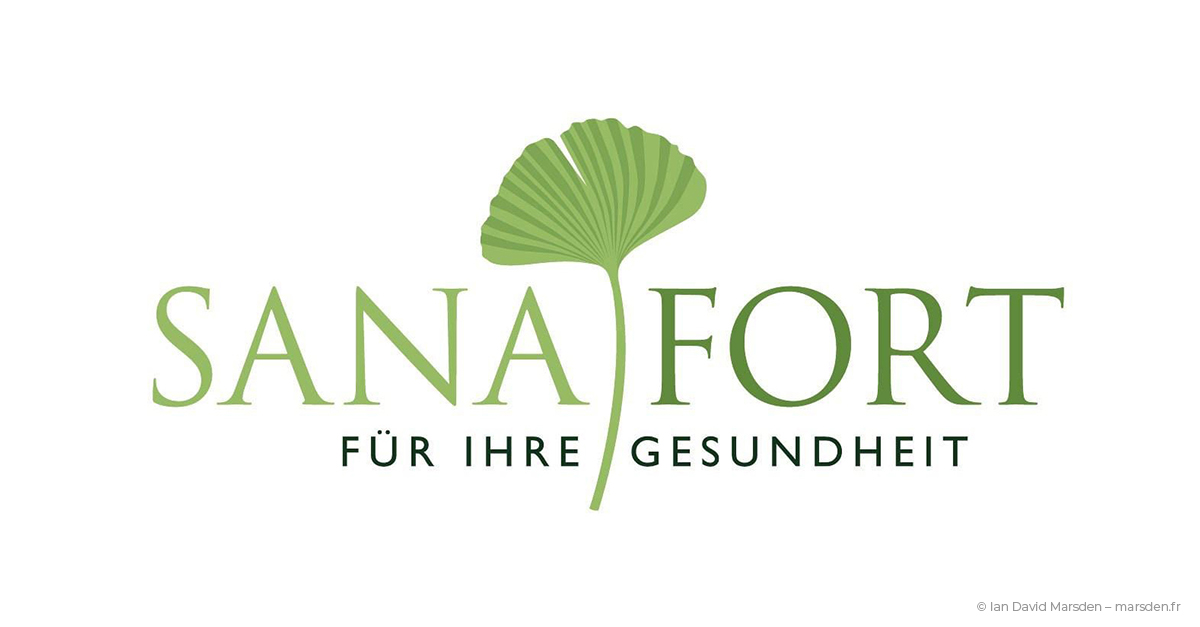 Sanafort corporate logo designed by Ian David Marsden, featuring a refined green wordmark, central ginkgo leaf symbol and the German line Für Ihre Gesundheit.