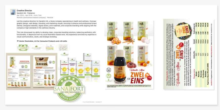 Portfolio collage of Sanafort AG design work by Ian David Marsden, showing brand identity, product packaging, supplement flyers, mushroom products, holiday campaign materials and creative director documentation.
