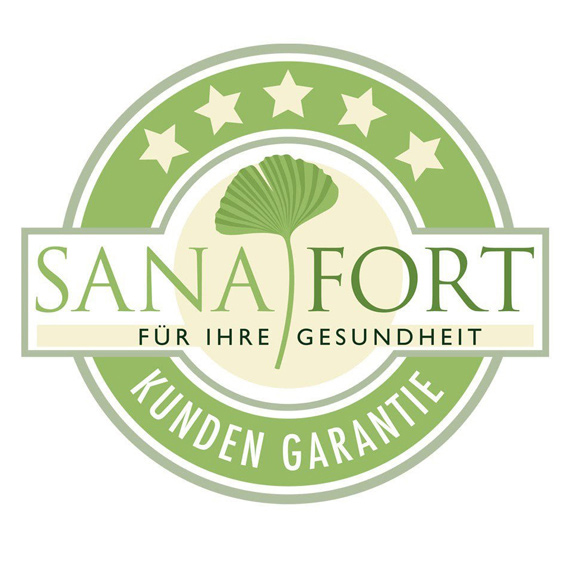 Circular Sanafort customer guarantee seal designed by Ian David Marsden, featuring the Sanafort logo, ginkgo leaf symbol, stars and German text reading Kunden Garantie.