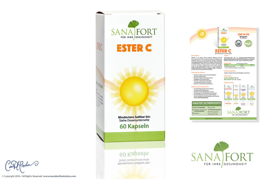 Sanafort Ester C supplement presentation designed by Ian David Marsden, showing the 60-capsule retail box, matching product flyer and Sanafort corporate logo.