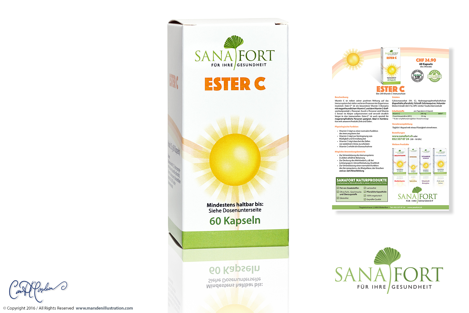 Sanafort Ester C supplement presentation designed by Ian David Marsden, showing the 60-capsule retail box, matching product flyer and Sanafort corporate logo.