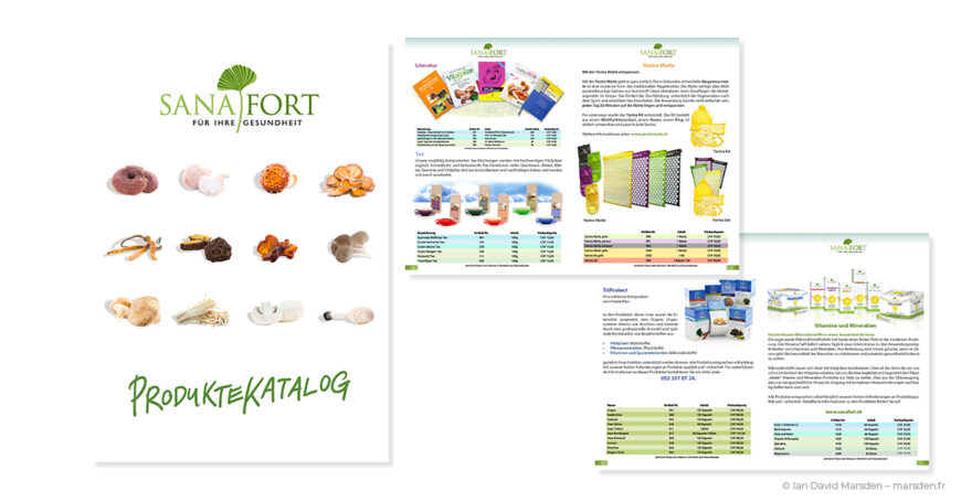 Sanafort product catalog composition designed by Ian David Marsden, showing the catalog cover and interior pages for literature, teas, Yantra mats, supplements and mineral products.