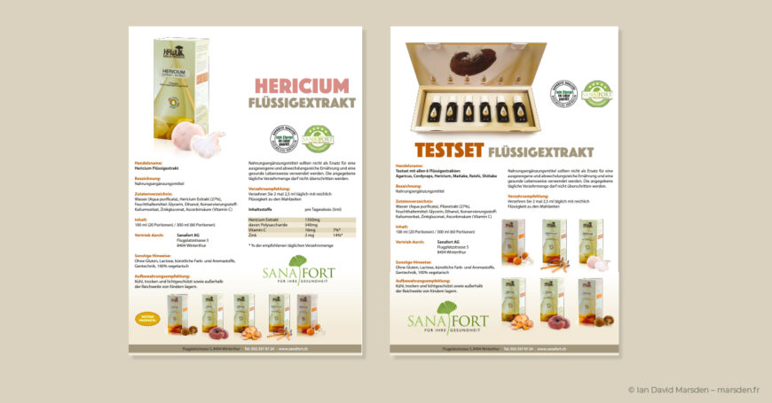 Two Sanafort product information flyers designed by Ian David Marsden, featuring Hericium Flüssigextrakt and a mushroom liquid extract test set with packshots, ingredient information and technical product tables.