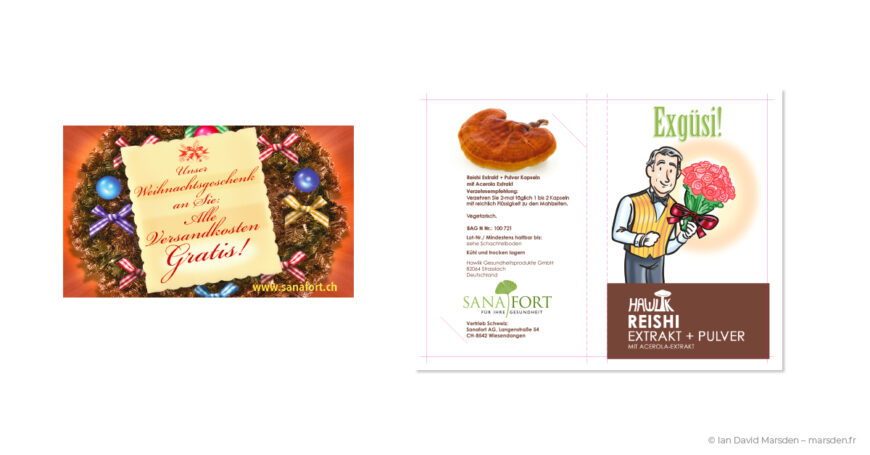 Seasonal Sanafort print materials designed by Ian David Marsden, showing a Christmas promotion postcard with free shipping message and a foldout Reishi Extract and Powder product insert with custom character illustration.