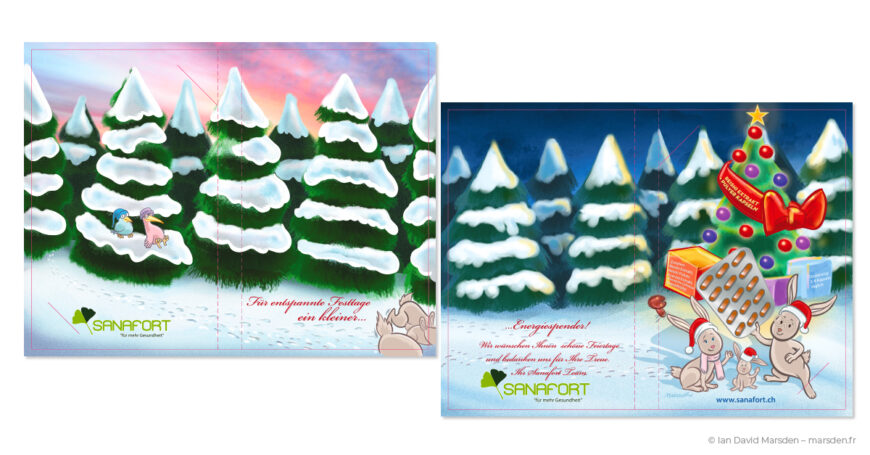 Illustrated Sanafort Christmas mailing designed by Ian David Marsden, showing a snowy forest scene, small animals, a decorated tree made from extract packaging and a festive foldout layout.