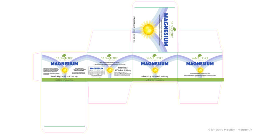 Print-ready folding box dieline for Sanafort Magnesium stick packaging designed by Ian David Marsden, showing all exterior panels, labeling zones, ingredient table and technical production guides.