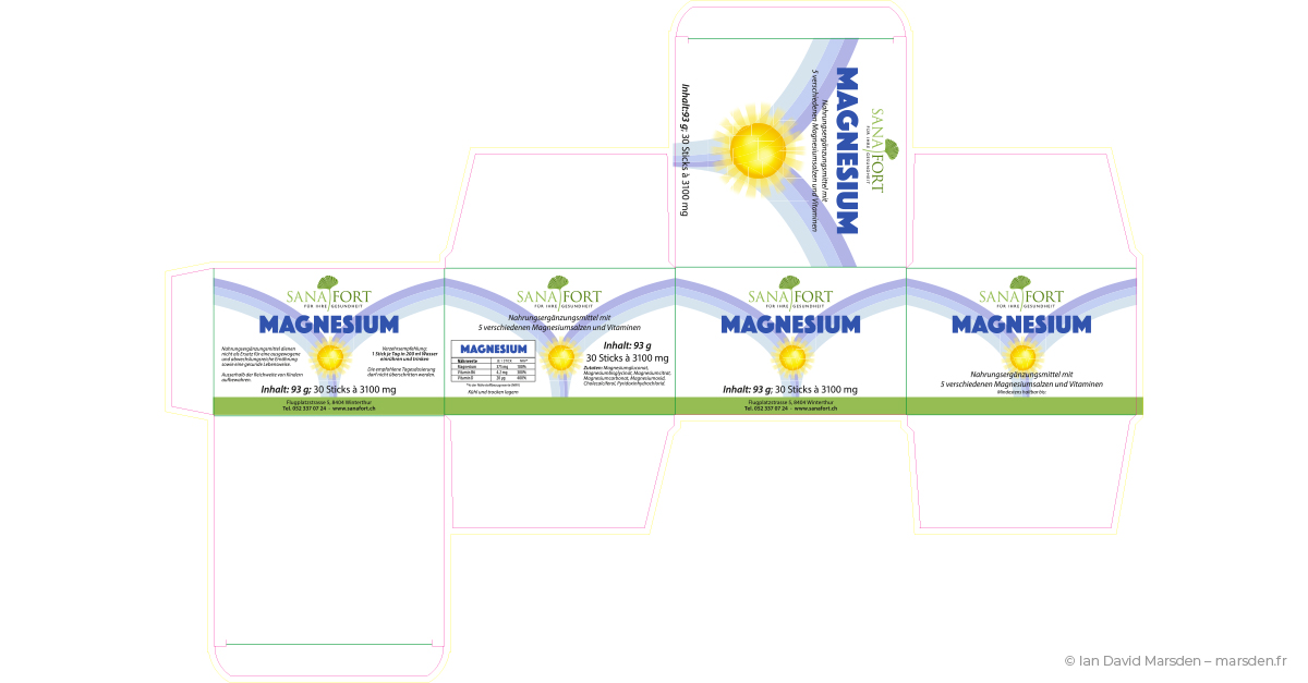 Print-ready folding box dieline for Sanafort Magnesium stick packaging designed by Ian David Marsden, showing all exterior panels, labeling zones, ingredient table and technical production guides.
