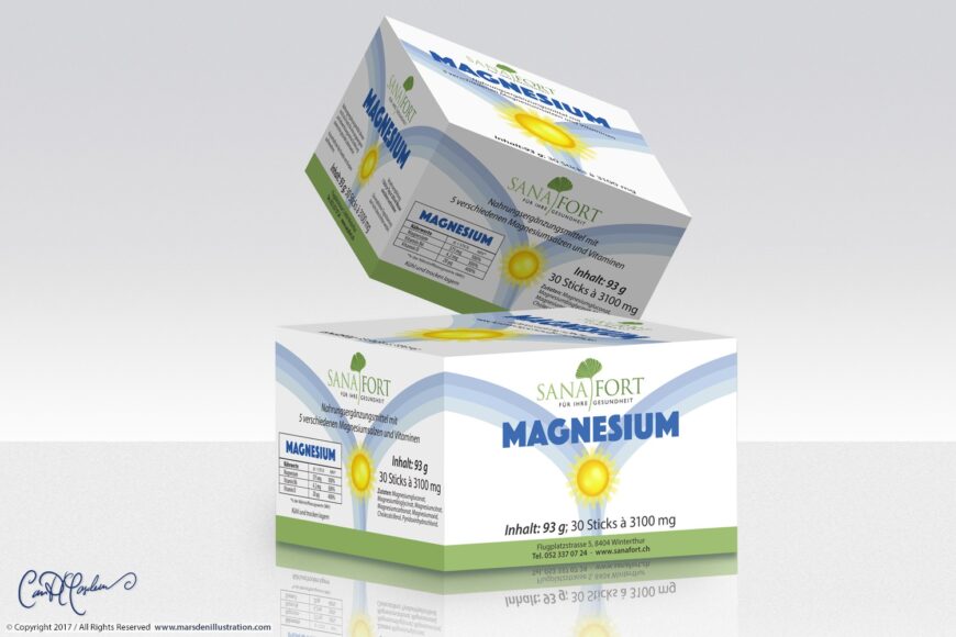 Packaging presentation render of two Sanafort Magnesium supplement boxes designed by Ian David Marsden, showing the 30-stick folding box from front and side angles.