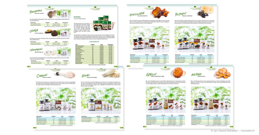 Sanafort medicinal mushroom catalog pages designed by Ian David Marsden, showing product spreads for Pleurotus, Chaga, Champignon, Cordyceps, Enoki, Auricularia, Polyporus, Agaricus and Maitake with coordinated information tables.