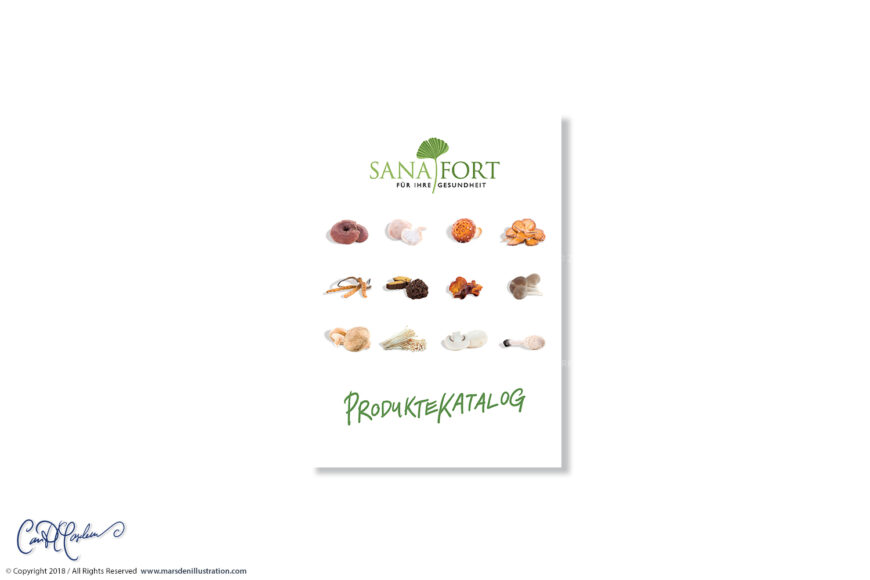 Minimal Sanafort product catalog cover designed by Ian David Marsden, featuring the Sanafort logo, retouched medicinal mushroom ingredient images and the German title Produkte-Katalog.