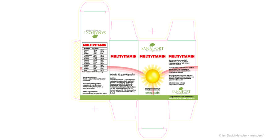 Print-ready folding box dieline for Sanafort Multivitamin capsules designed by Ian David Marsden, showing full panel layout, nutrition table, product text, Sanafort branding and cut and fold guides.