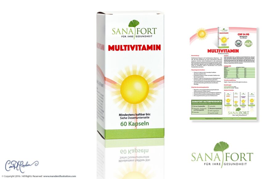 Sanafort Multivitamin product composition designed by Ian David Marsden, showing the 60-capsule retail box, matching product flyer and Sanafort corporate logo.