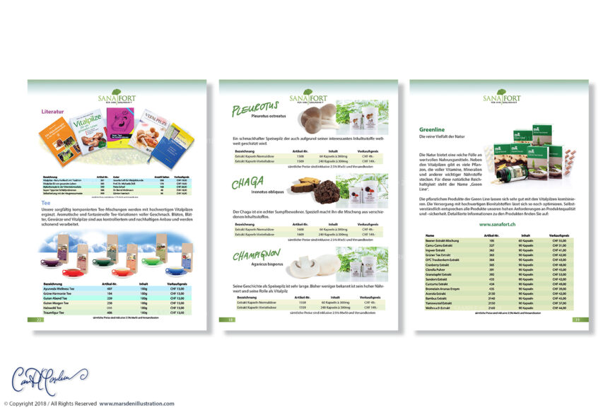Three Sanafort catalog pages designed by Ian David Marsden, showing literature and tea products, Pleurotus, Chaga and Champignon medicinal mushroom listings, and Greenline extract products with pricing tables.