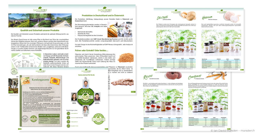 Sanafort catalog spreads designed by Ian David Marsden, showing quality assurance pages, customer guarantee content and medicinal mushroom product layouts for Shiitake, Hericium, Reishi and Cordyceps.