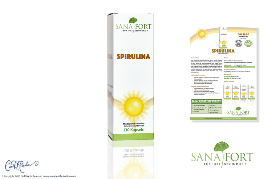 Sanafort Spirulina product presentation designed by Ian David Marsden, showing the 130-capsule retail box, matching German-language product flyer and Sanafort corporate logo.