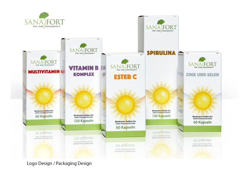 Close view of the Sanafort supplement packaging range designed by Ian David Marsden, featuring Multivitamin, Vitamin B Komplex, Ester C, Spirulina and Zink und Selen boxes with the Sanafort logo.