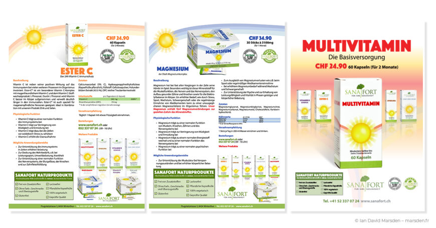 Three Sanafort health supplement promotional layouts designed by Ian David Marsden, including Ester C and Magnesium product flyers with ingredient tables and a Multivitamin retail poster.