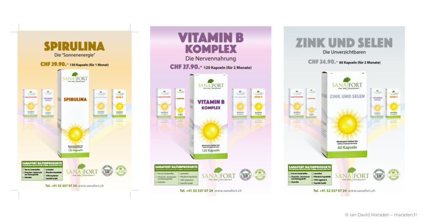 Three Sanafort retail product posters designed by Ian David Marsden for Spirulina, Vitamin B Komplex and Zink und Selen, each showing supplement packaging, product-family background assortments and color-coded layouts.