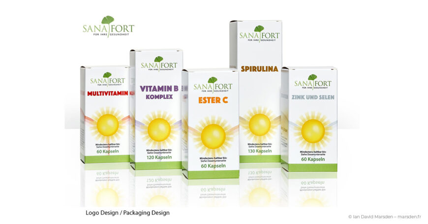 Five Sanafort vitamin and mineral supplement packages designed by Ian David Marsden, showing Multivitamin, Vitamin B Komplex, Ester C, Spirulina and Zink und Selen boxes within a coordinated logo and packaging system.