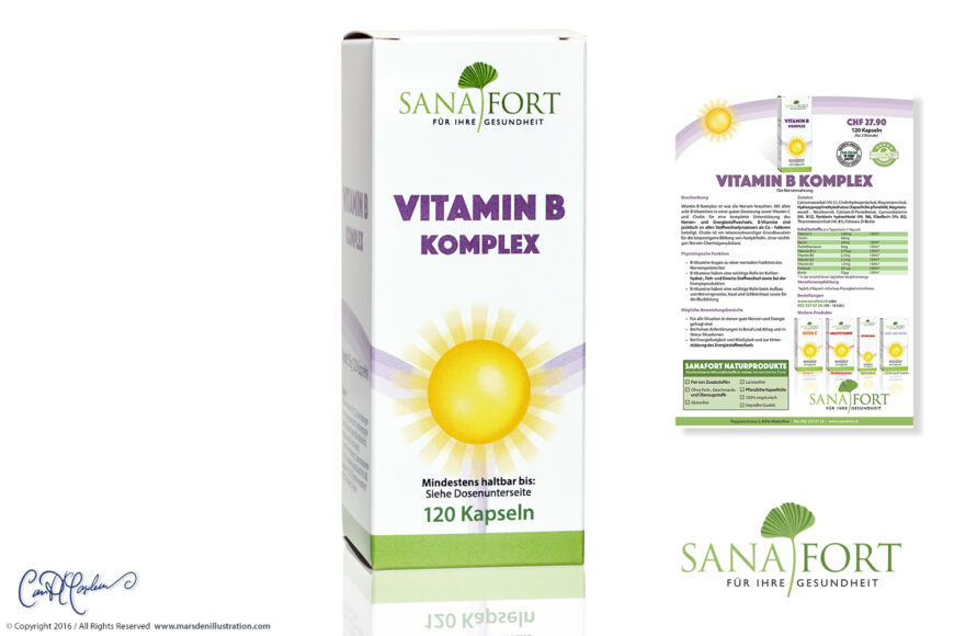 Sanafort Vitamin B Komplex supplement presentation designed by Ian David Marsden, showing the 120-capsule retail box, matching product flyer and Sanafort corporate logo.