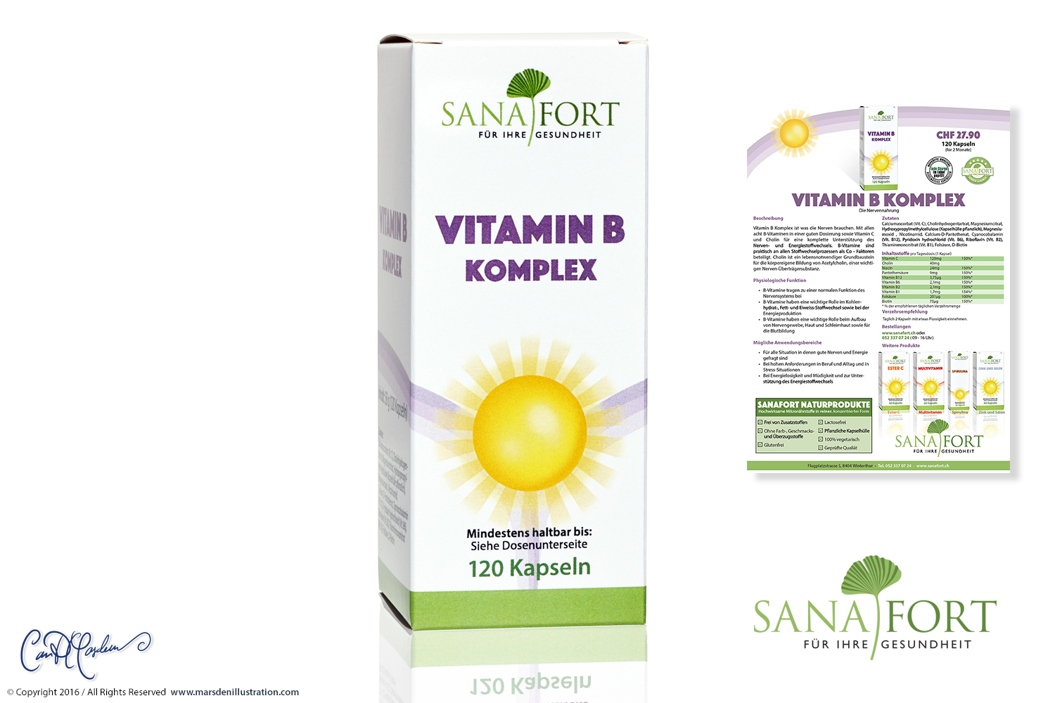 Sanafort Vitamin B Komplex supplement presentation designed by Ian David Marsden, showing the 120-capsule retail box, matching product flyer and Sanafort corporate logo.