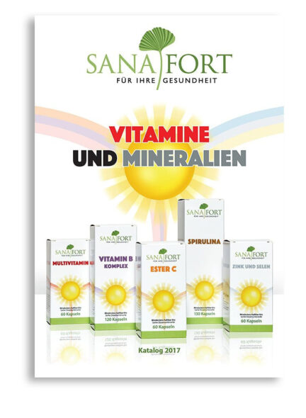 Cover design for Sanafort’s 2017 vitamin and mineral product catalog by Ian David Marsden, featuring the Sanafort logo, sun-and-radiant-band identity and the full supplement packaging range.