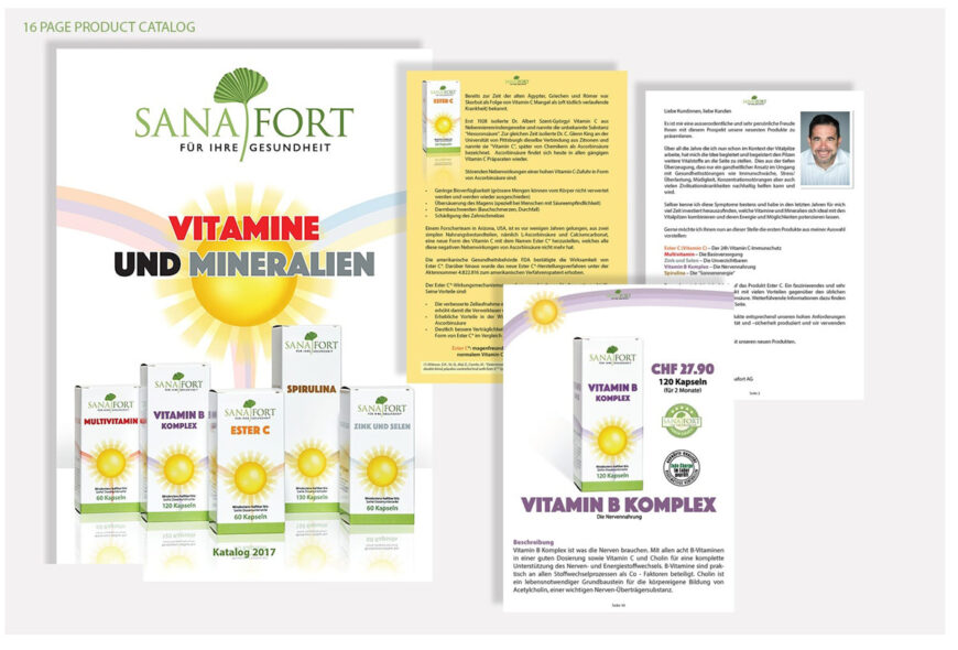 Sanafort 16-page vitamin and mineral product catalog designed by Ian David Marsden, showing the cover, introductory pages, Vitamin B Komplex product page and coordinated supplement packaging range.