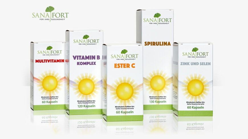 Five Sanafort supplement box designs by Ian David Marsden, showing Multivitamin, Vitamin B Komplex, Ester C, Spirulina and Zink und Selen packaging within one coordinated product identity system.