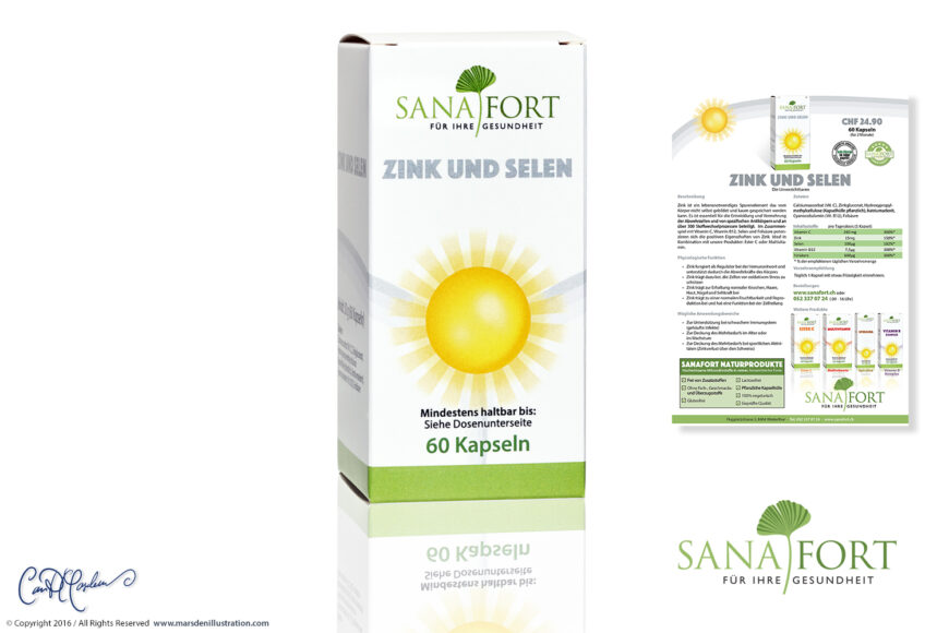 Sanafort Zink und Selen supplement presentation designed by Ian David Marsden, showing the 60-capsule retail box, matching product flyer and Sanafort corporate logo.