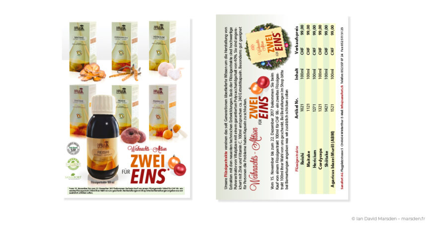 Front and back of a Sanafort Zwei für Eins holiday promotion flyer designed by Ian David Marsden, featuring liquid extract products, seasonal graphics, price table and campaign information.