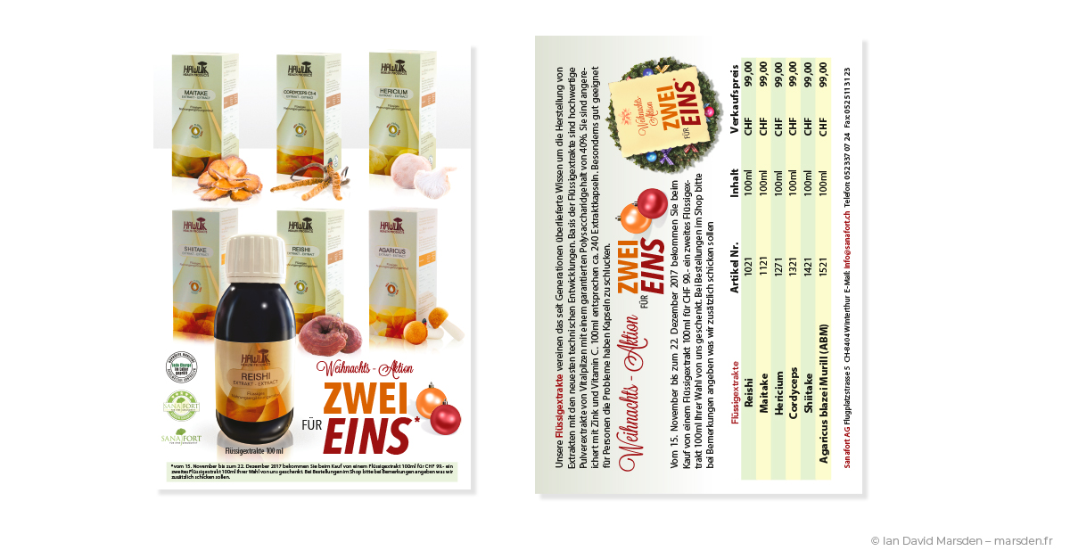 Front and back of a Sanafort Zwei für Eins holiday promotion flyer designed by Ian David Marsden, featuring liquid extract products, seasonal graphics, price table and campaign information.