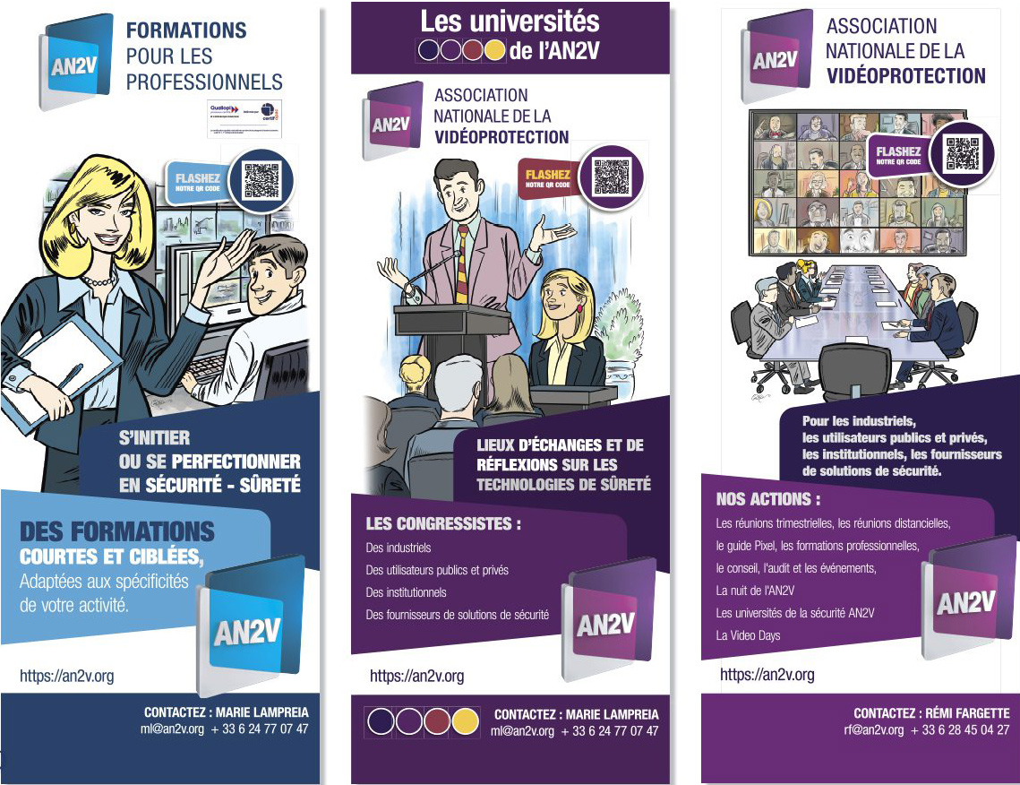 Trois kakémonos AN2V illustrés par Ian David Marsden, avec une direction graphique différenciée pour les formations, les conférences et les actions de l’association.