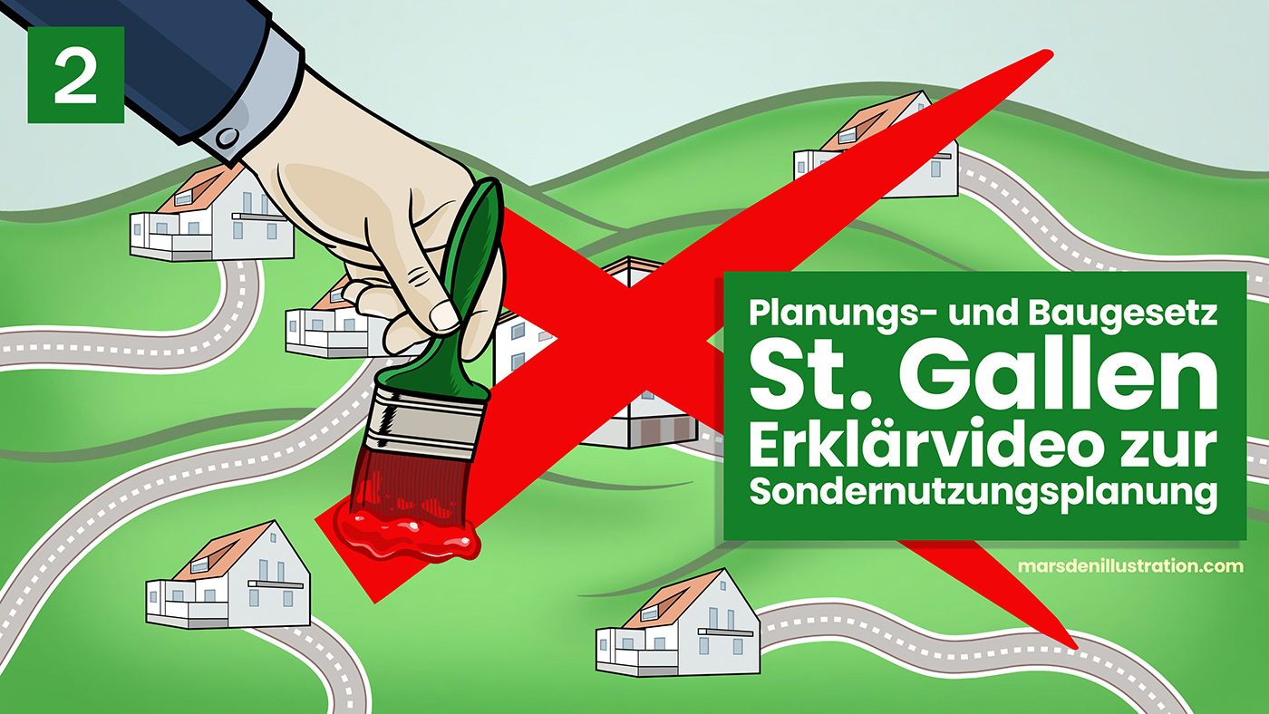Titelbild für ein handgezeichnetes Erklärvideo zur Sondernutzungsplanung und zum Planungs- und Baugesetz St. Gallen mit Pinsel, rotem Kreuz und Häuserlandschaft.