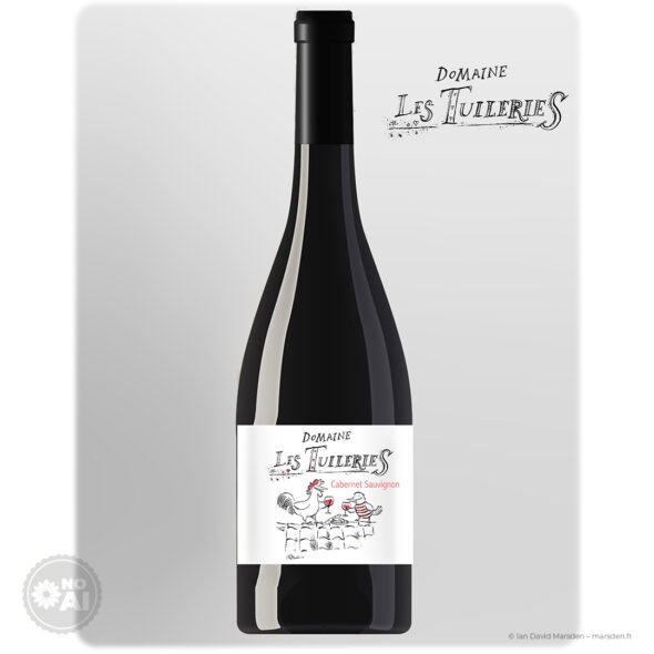 Presentation mockup of a Domaine Les Tuileries Cabernet Sauvignon bottle with red-accented illustrated label and hand-drawn logo.