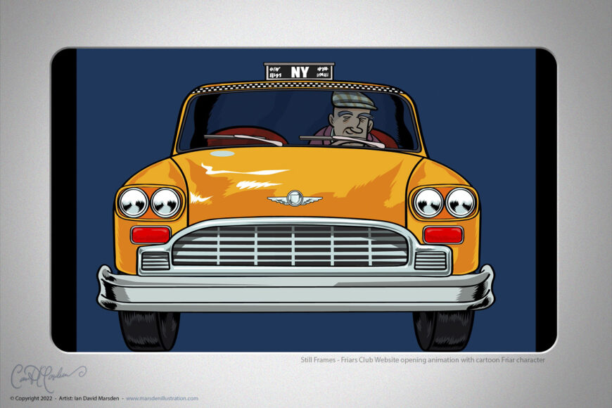 Front view of a yellow checker cab illustrated as vector artwork for the New York Friars Club website animation