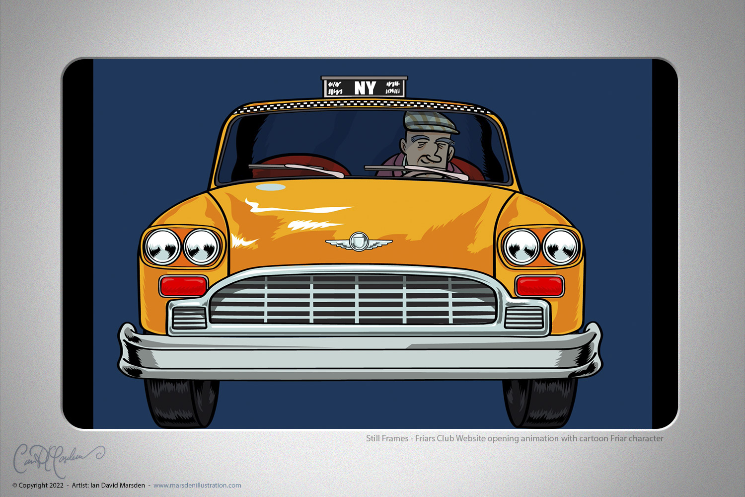 Front view of a yellow checker cab illustrated as vector artwork for the New York Friars Club website animation