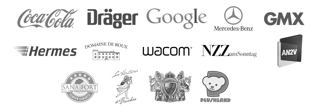 Logos de clients et collaborations de Ian David Marsden, incluant Coca-Cola, Dräger, Google, Mercedes-Benz, Wacom, NZZ am Sonntag et d’autres marques.