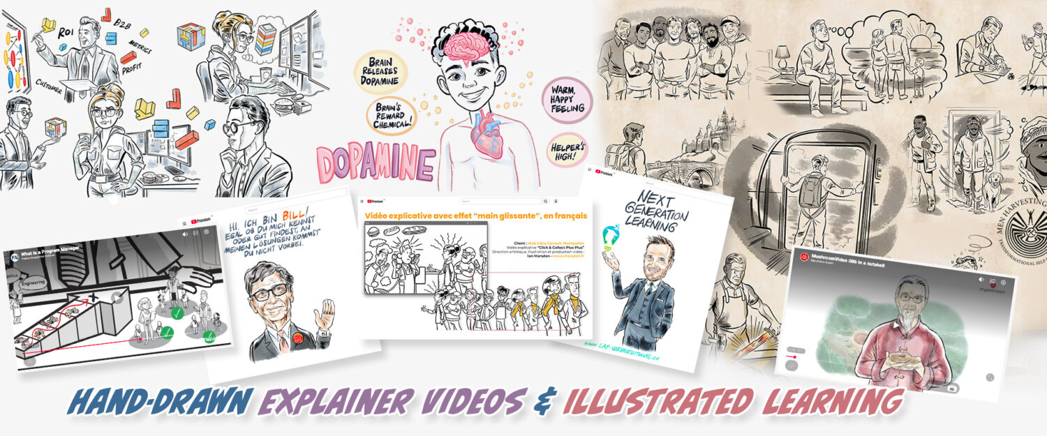 Hero collage showing hand-drawn explainer video, whiteboard animation and illustrated learning work by Ian David Marsden.