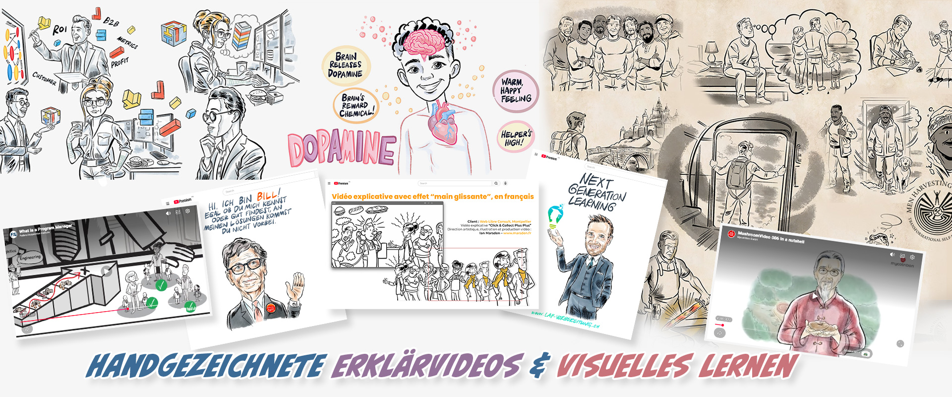 Header-Collage mit handgezeichneten Erklärvideos, Whiteboard-Animationen und illustrierten Lerninhalten von Ian David Marsden.