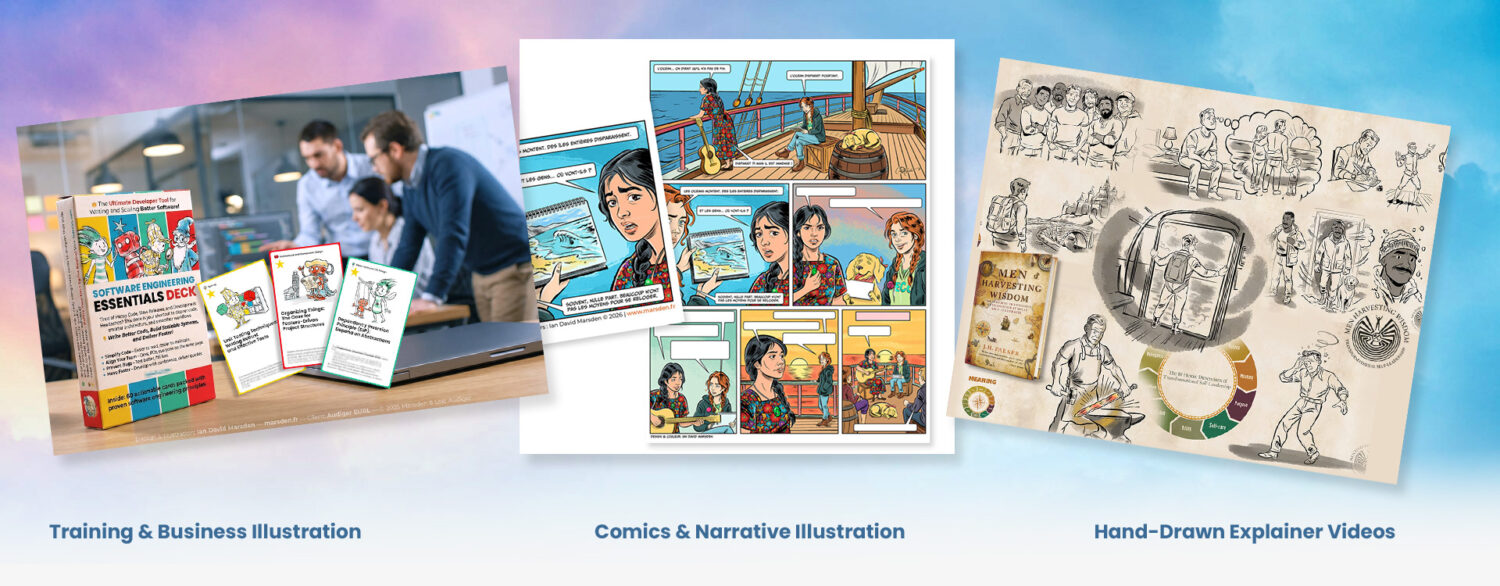 Hero image showing Ian David Marsden’s illustration work across training and business illustration, comics and narrative illustration, and hand-drawn explainer videos.