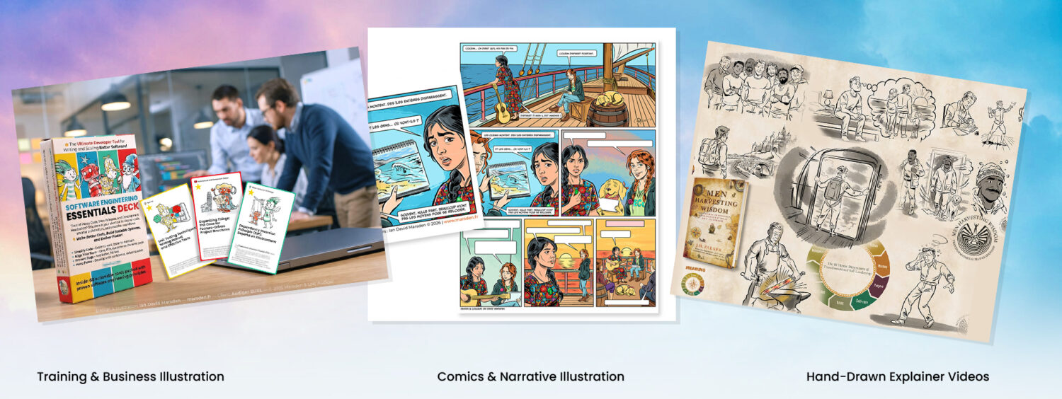 Hero image showing Ian David Marsden’s illustration work across business training, comics and narrative illustration, and hand-drawn explainer videos.