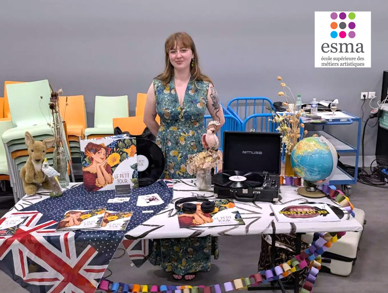 ESMA Illustration Concept Art student presenting Le Petit Tour, a final-year project with illustrated objects, books and display materials.